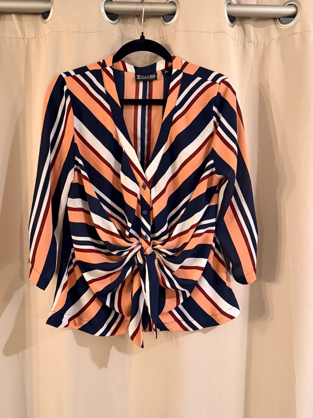 7th Avenue Navy & Peach Stripe Tie-Front Women's Top